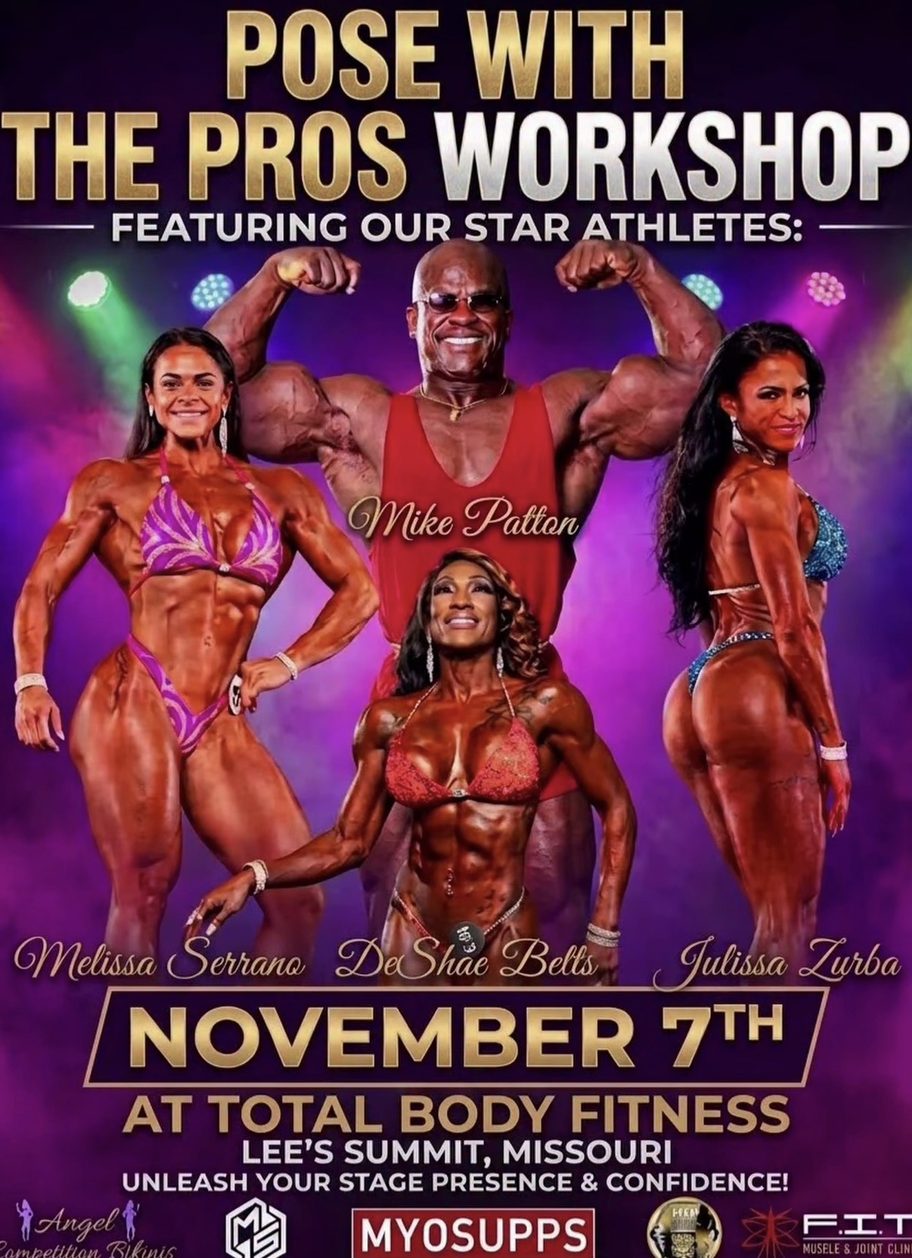 Pose With The Pros Workshop poster featuring Mike Patton, Melissa Serrano, DeShae Betts, and Julissa Zurba. November 7th at Total Body Fitness, Lee's Summit, Missouri.